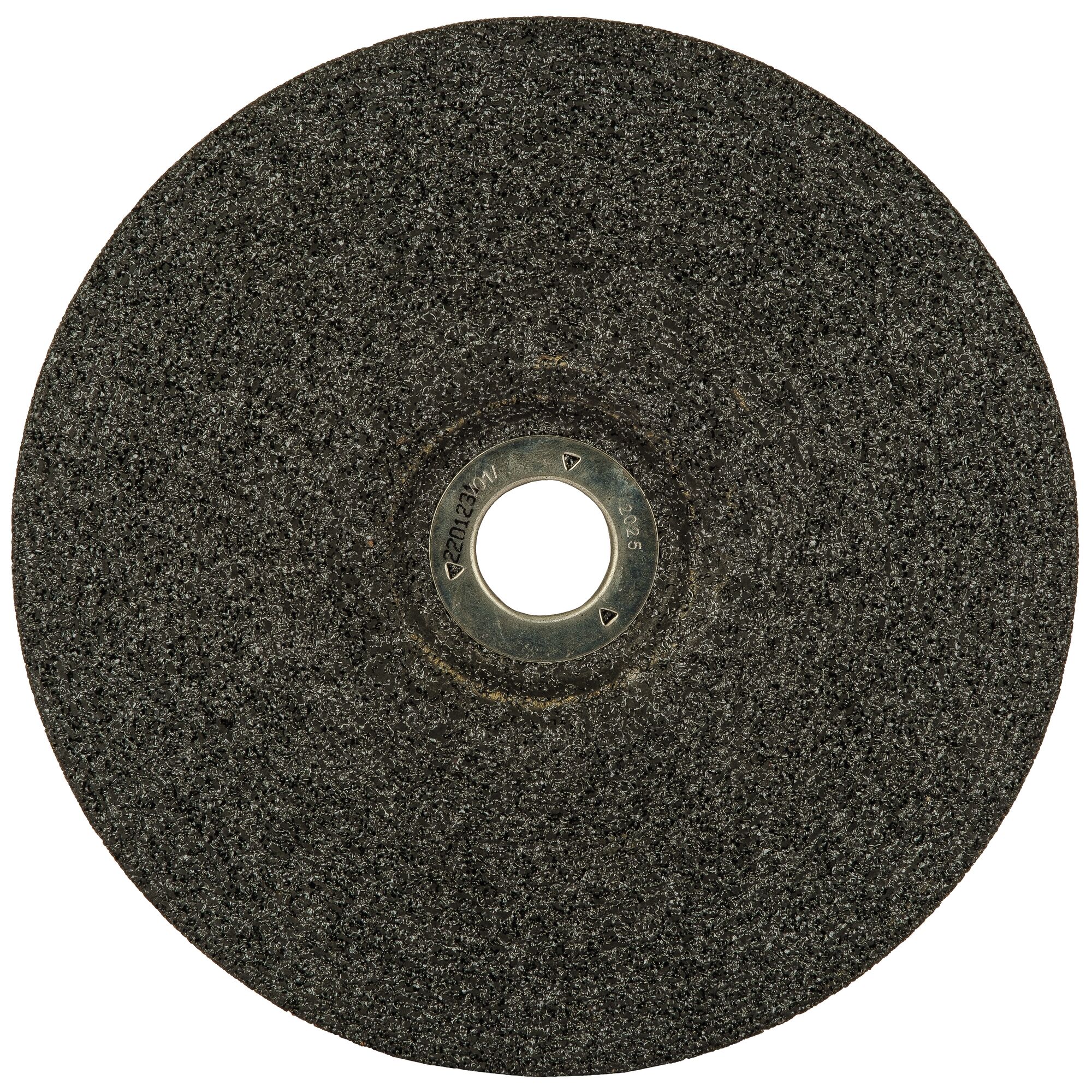 A close-up image of a DEWALT abrasive grinding wheel with a circular metal center.