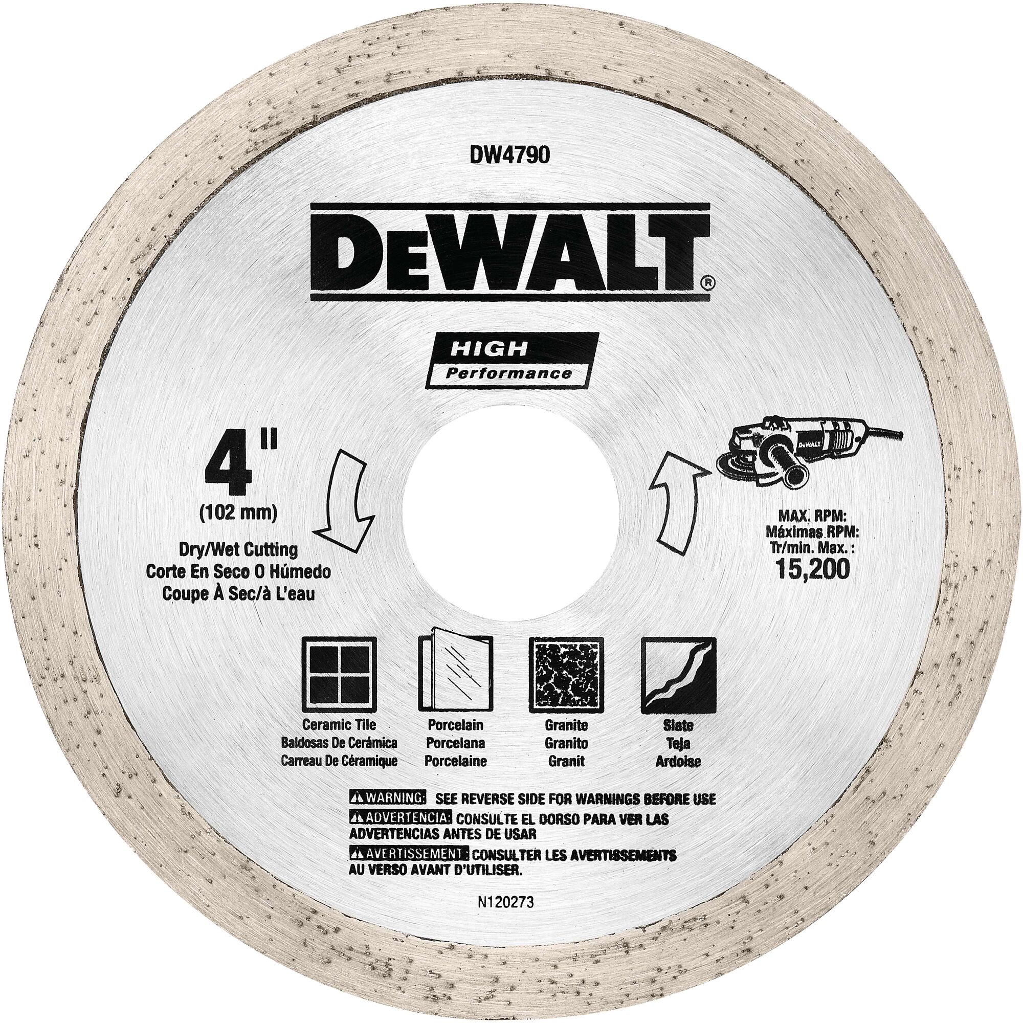 A DEWALT DW4790 4 inch (102 mm) high performance diamond cutting blade designed for dry or wet cutting of ceramic tile, porcelain, granite, and slate. The blade shows maximum RPM of 15,200 and safety warnings in English, Spanish, and French.