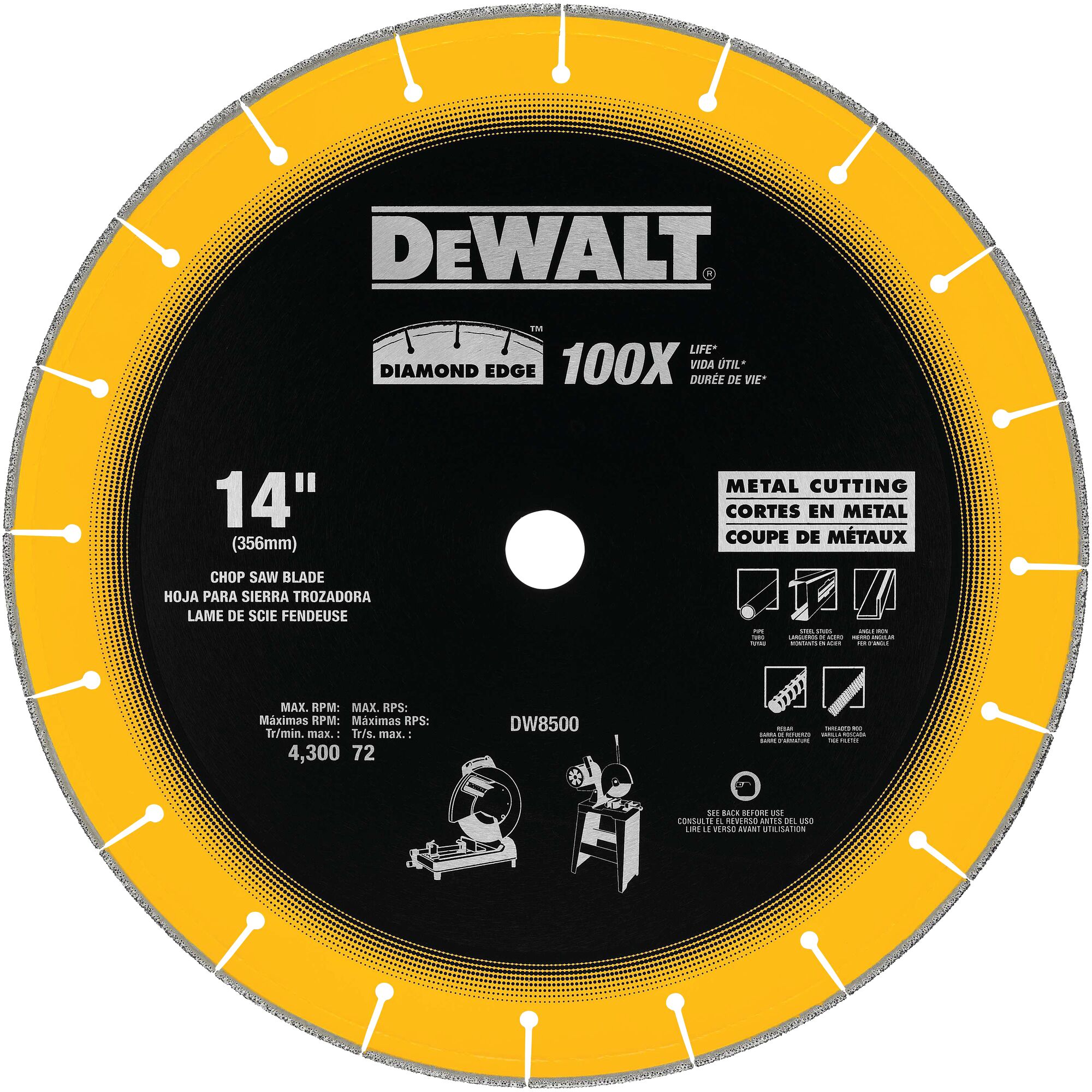 DEWALT DW8500 14-inch (356mm) diamond edge chop saw blade for metal cutting, with a yellow and black circular design and product details including max RPM and compatible uses.