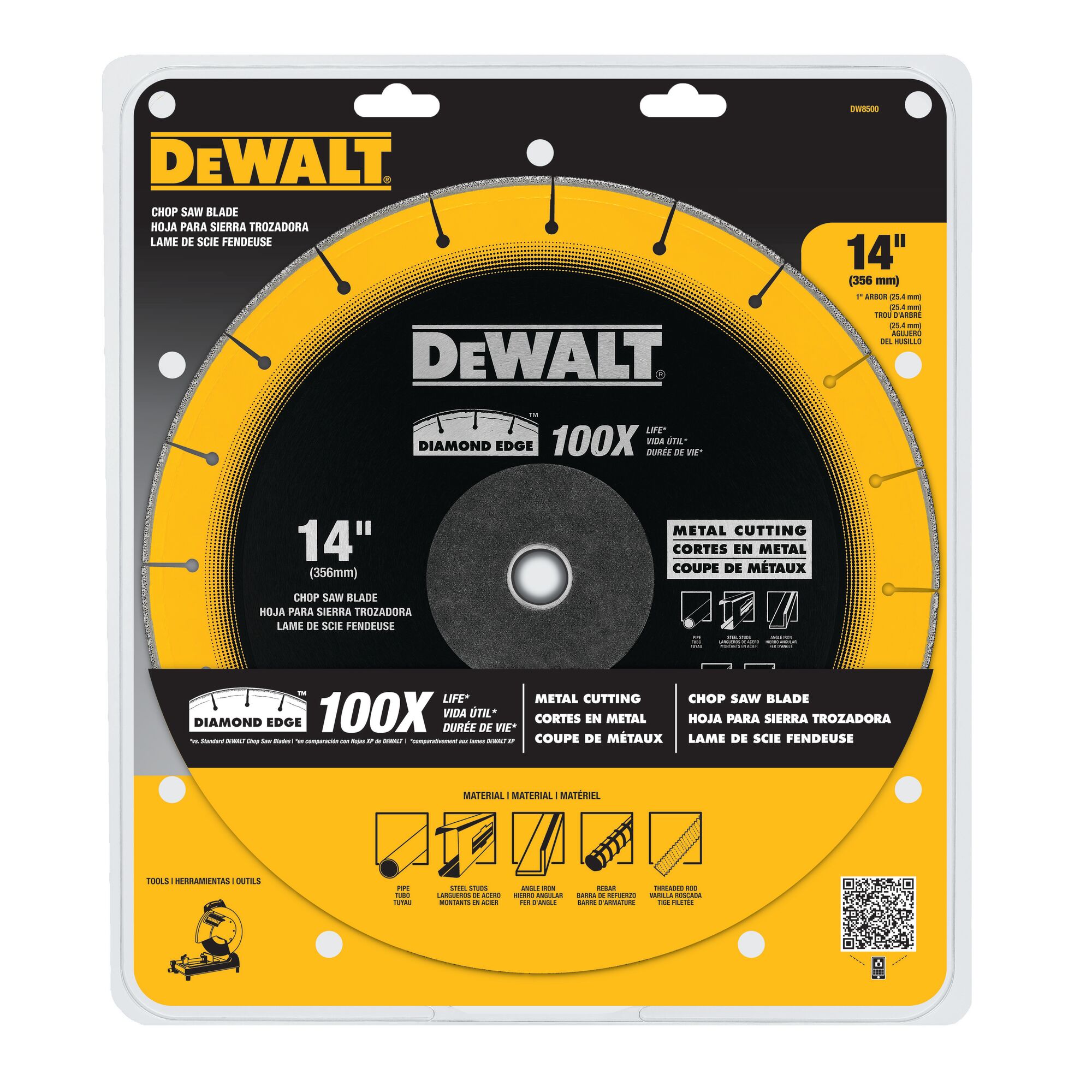 Packaged DEWALT Diamond Edge chop saw blade, model DW8500, 14-inch diameter. The packaging highlights features such as 100X life, metal cutting capability, and materials suited for the blade including steel studs, angle iron, rebar, and sheet metal. The blade is intended for metal cutting applications, and the packaging includes instructions in English, Spanish, and French.