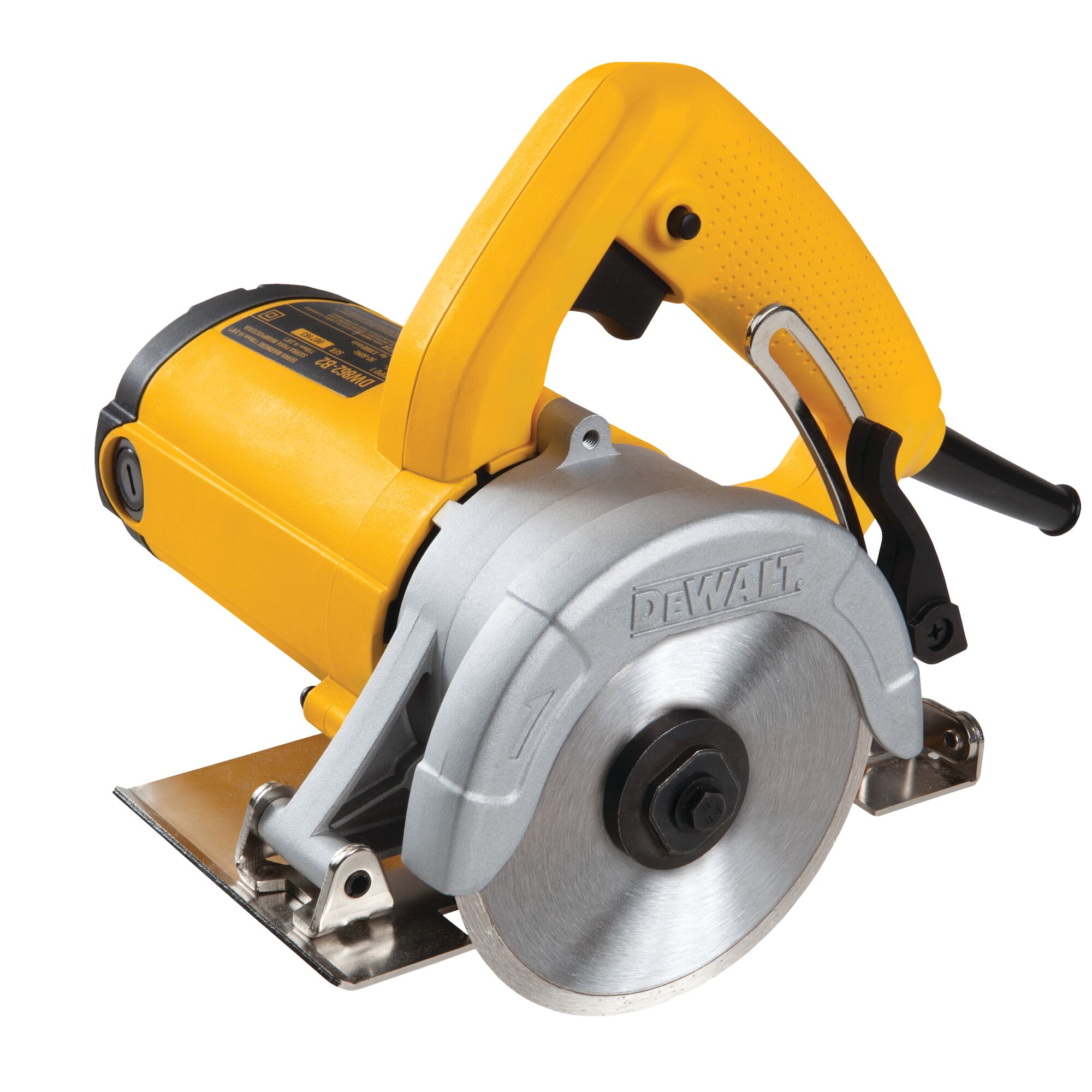 DEWALT DW862 yellow electric tile cutter with circular blade and ergonomic handle.