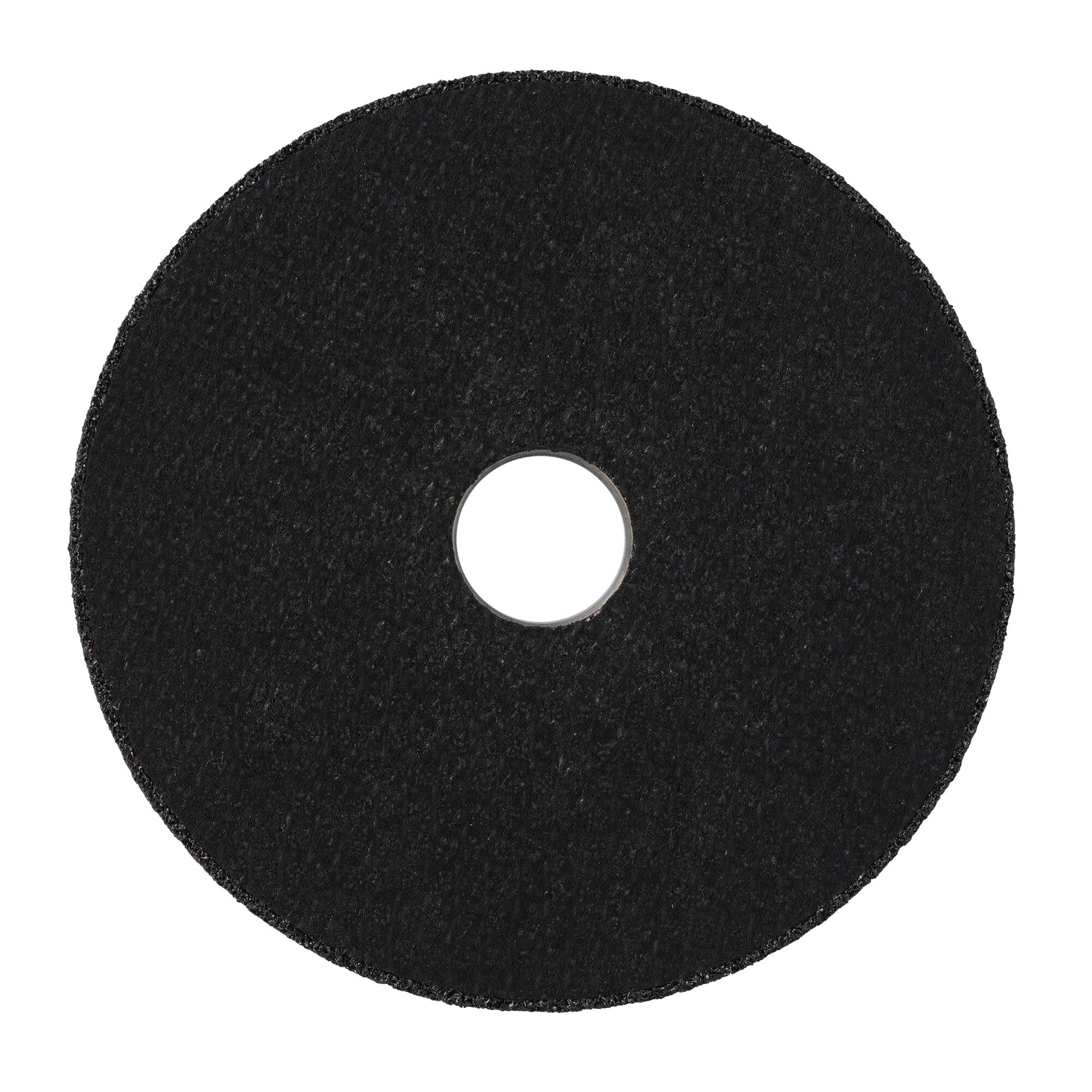 A close-up image of a round, black grinding disc with a central hole. The disc is flat and textured, used for cutting or grinding materials.