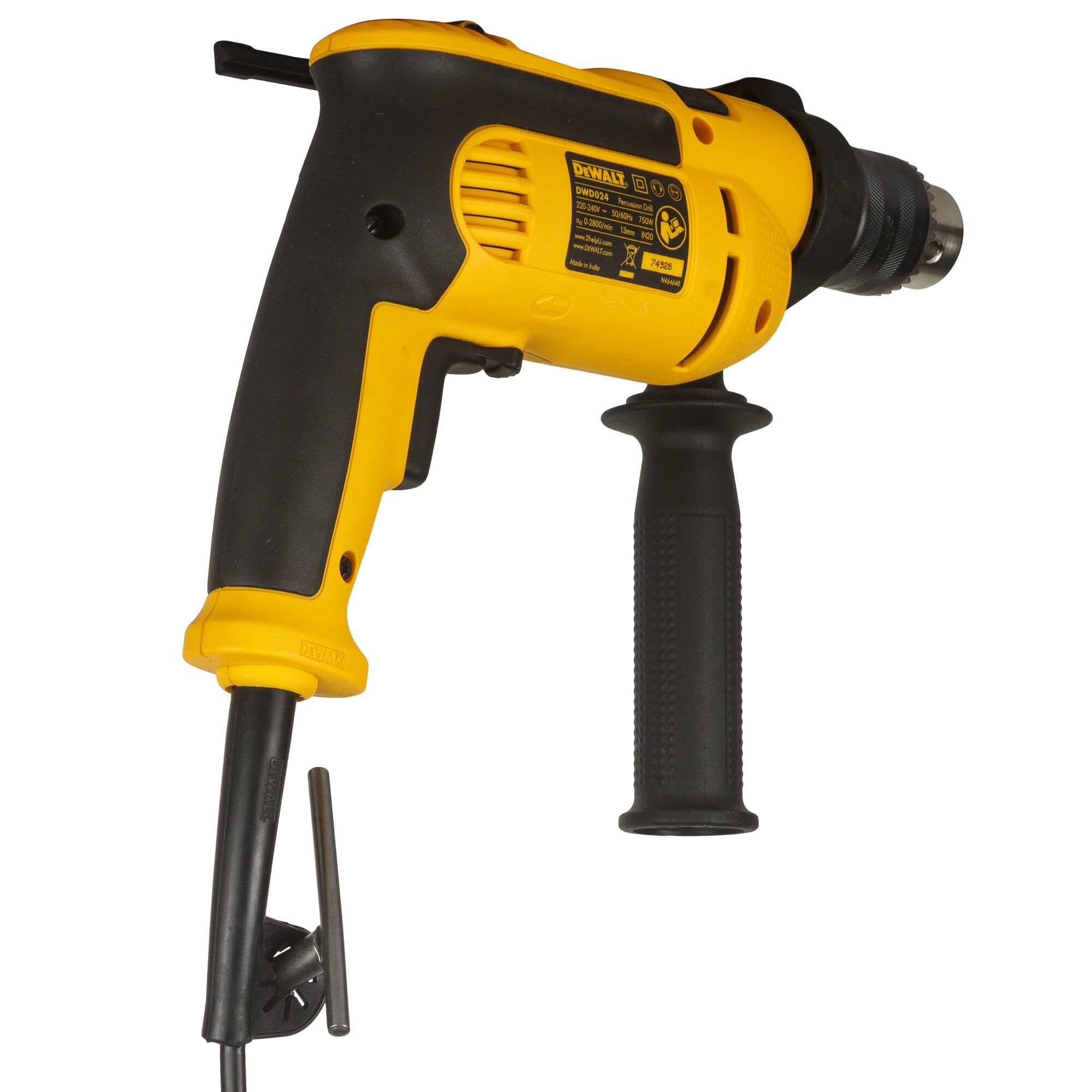 A yellow and black DEWALT DWD024 corded electric drill with side handle and keyed chuck. The product is photographed against a white background.