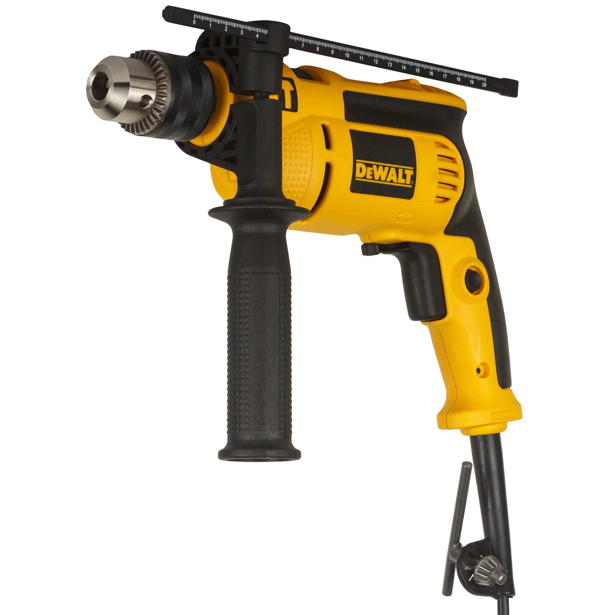 A yellow and black DEWALT corded electric drill with a side handle, depth gauge, and chuck key attached.