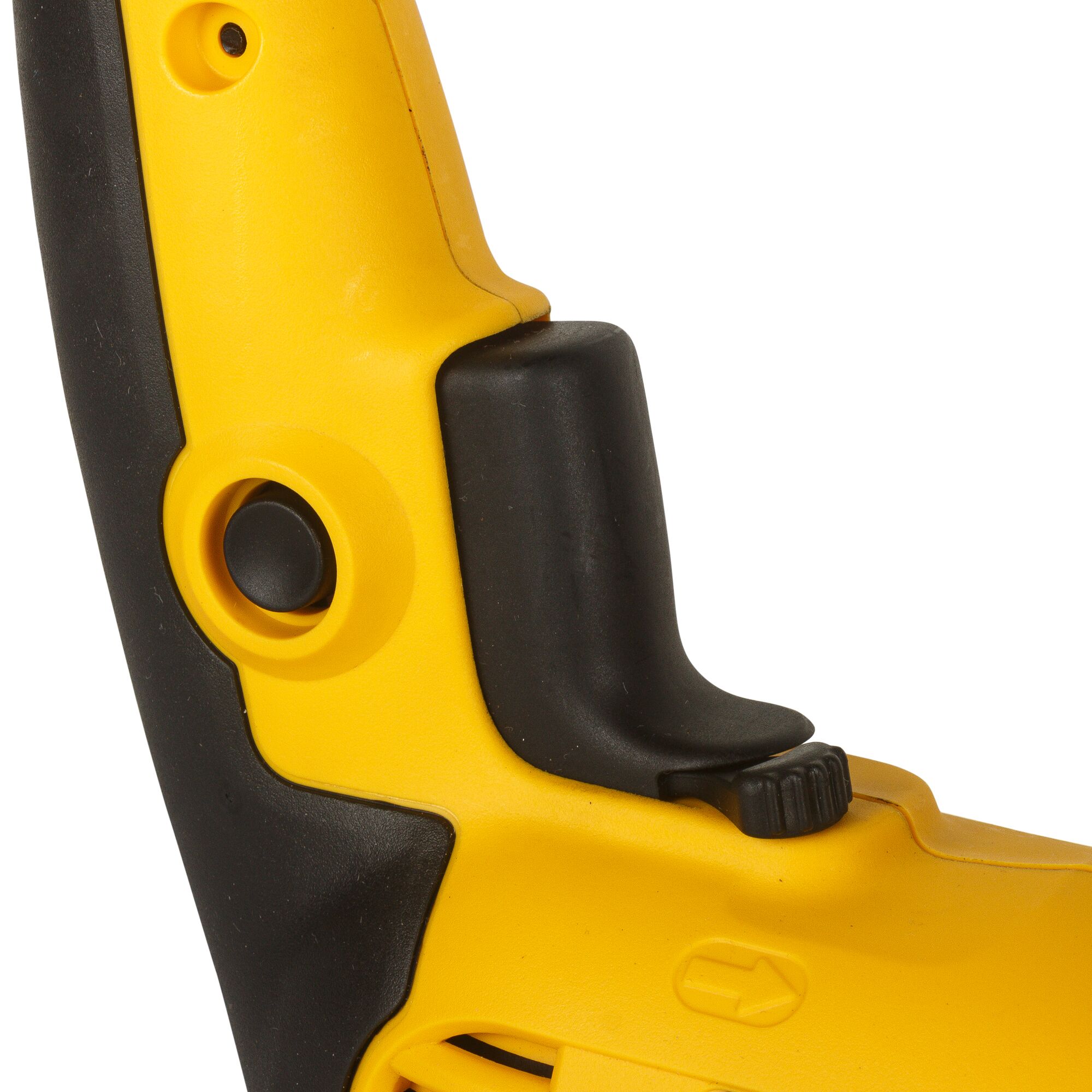 Close-up view of the handle and trigger area of a yellow and black DEWALT power tool, showing ergonomic design features and control buttons.