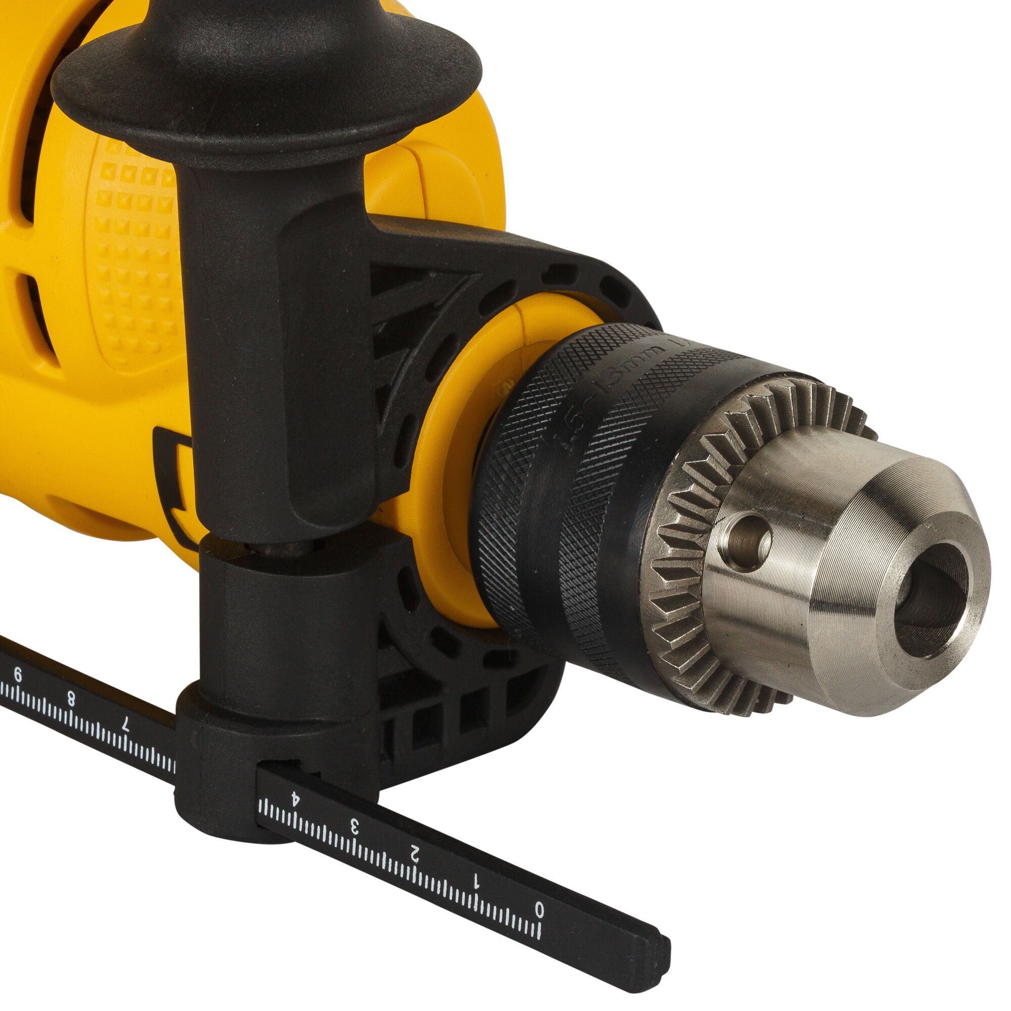 Close-up view of the chuck and depth gauge on a yellow DEWALT electric drill.