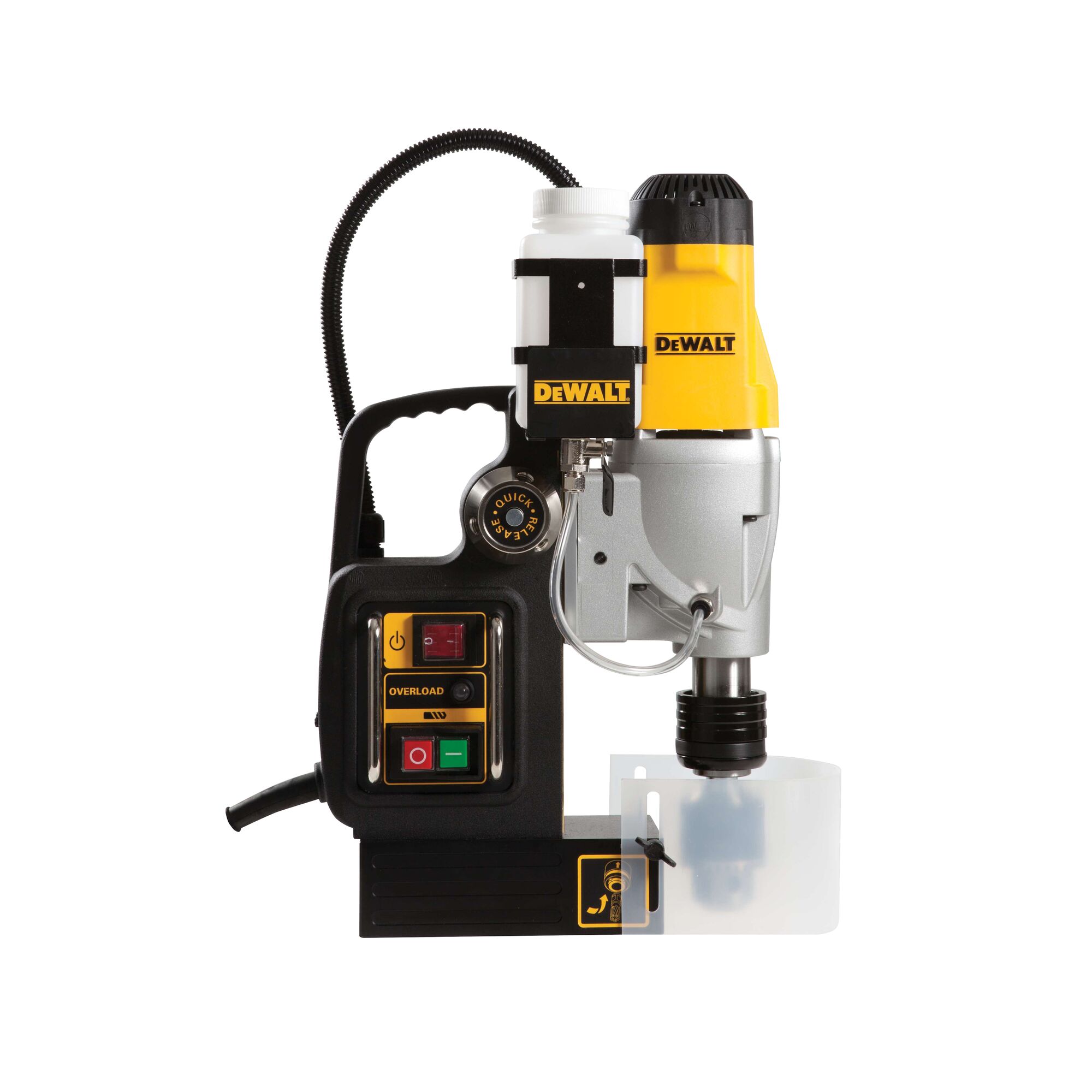 A DEWALT DWE1622K magnetic drill press machine, featuring a yellow and silver body, control buttons, and a coolant tank, designed for heavy-duty drilling applications.