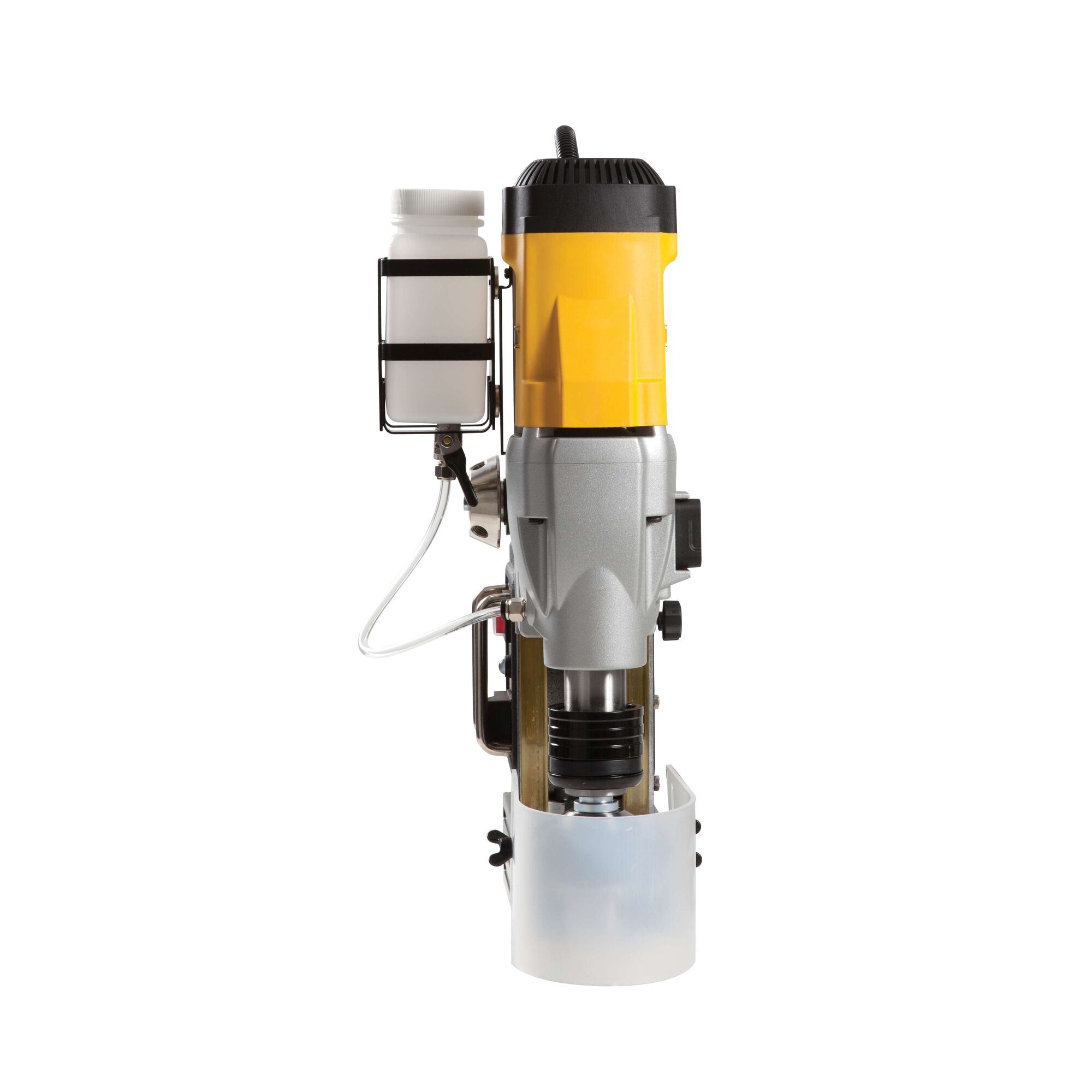 Front view of a DEWALT DWE1622K magnetic drill press with a yellow and silver body, attached fluid container, and visible drilling mechanism against a white background.