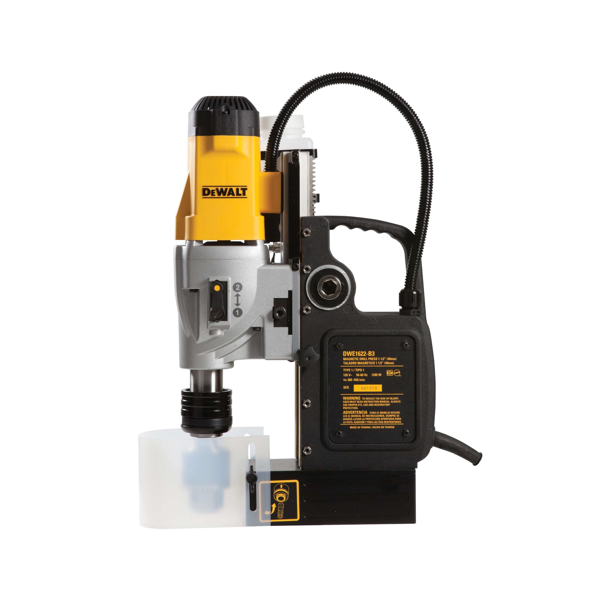 A DEWALT DWE1622K portable magnetic drill press with a yellow and black body, standing upright and equipped with a protective plastic shield and attached power cord.