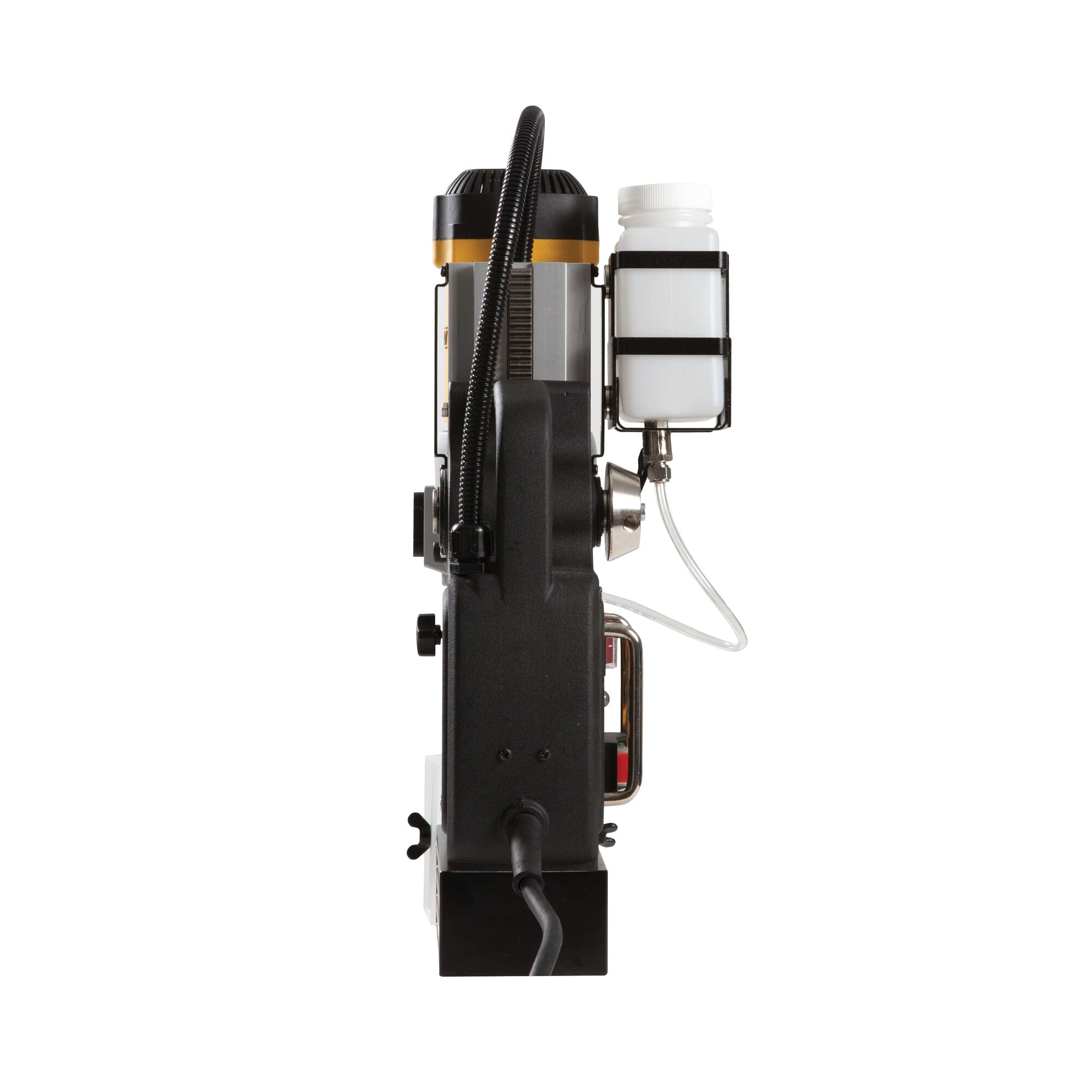 Side view of a DEWALT DWE1622K magnetic drill press, showing its power cord, black and silver body, and a white coolant bottle attached to the side.