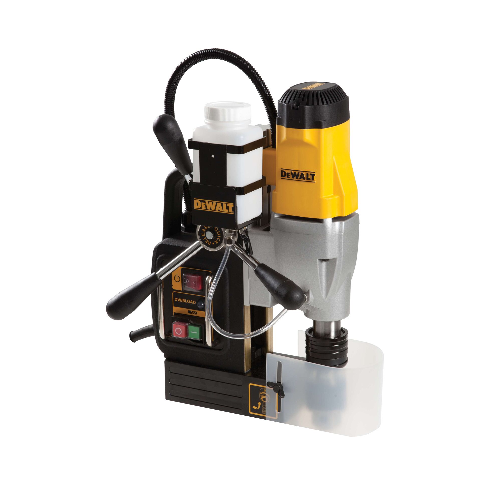 A DEWALT magnetic drill press with a yellow and black body, three control levers, an attached coolant bottle, and visible power switches on the front. The tool is designed for drilling metal surfaces.