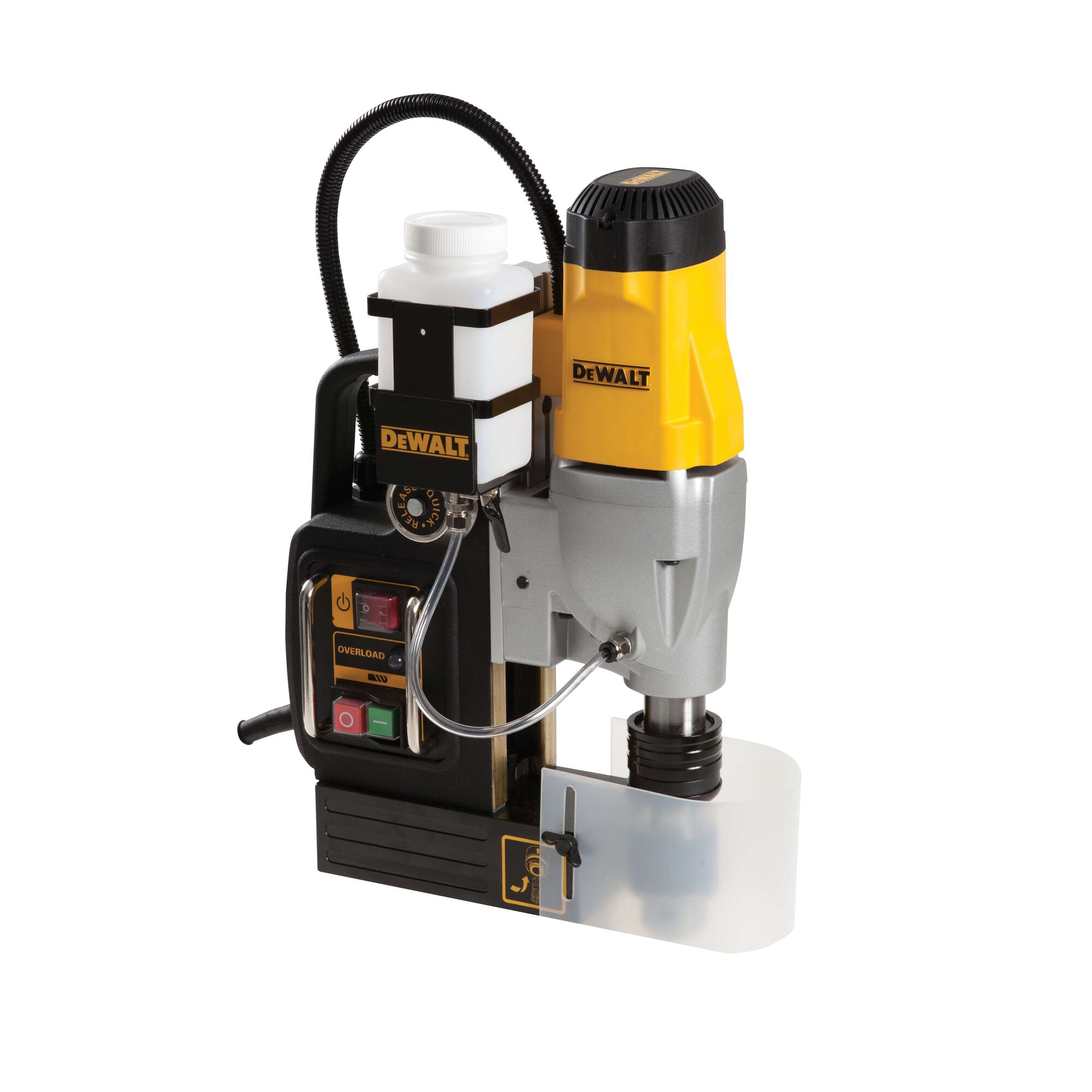 A DEWALT DWE1622K portable magnetic drill press with a yellow and black design, featuring a control panel, liquid coolant container, and a sturdy base.