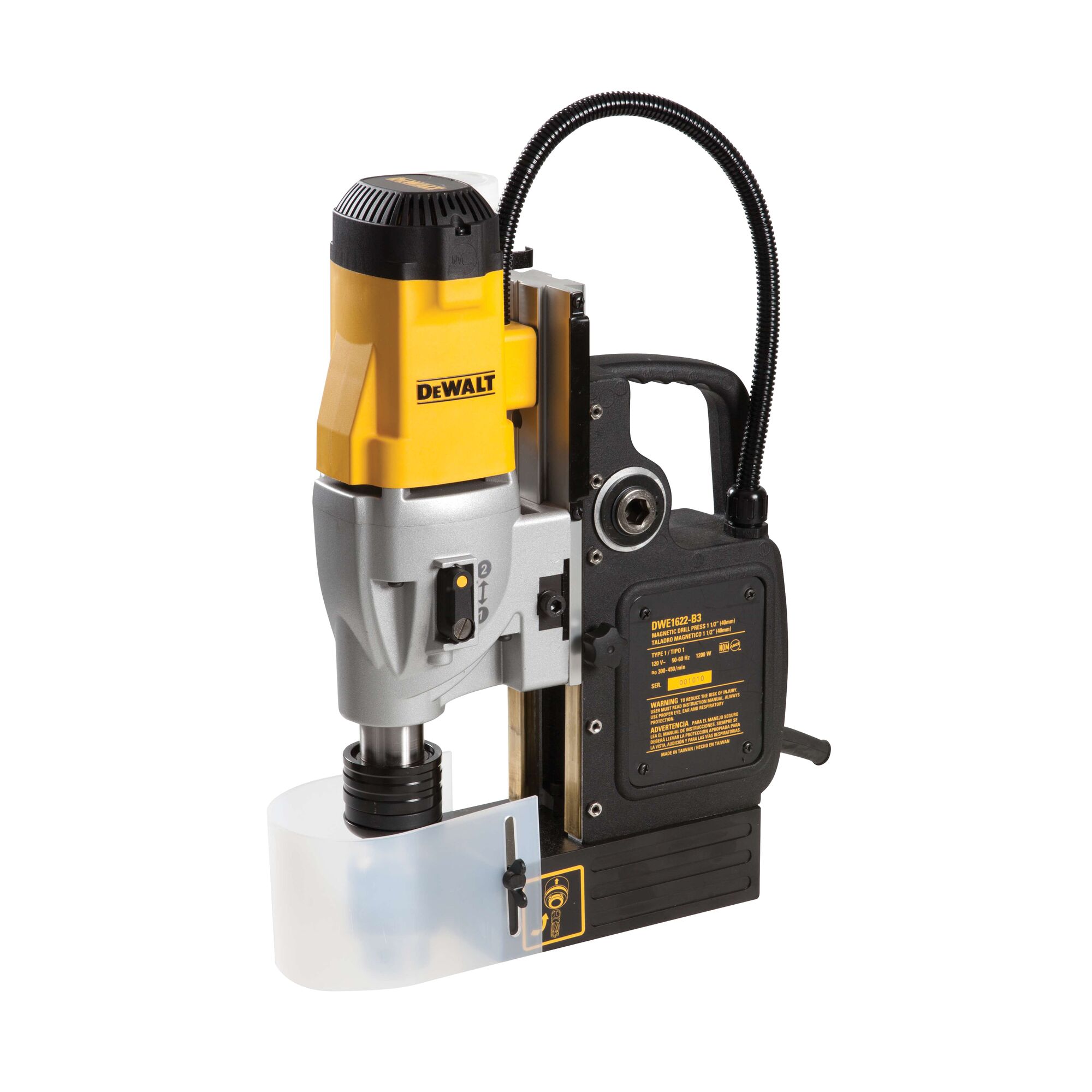 A DEWALT DWE1622K magnetic drill press with a yellow and black body, visible power cord, and transparent guard attached near the drill bit. The product is designed for heavy-duty drilling applications.