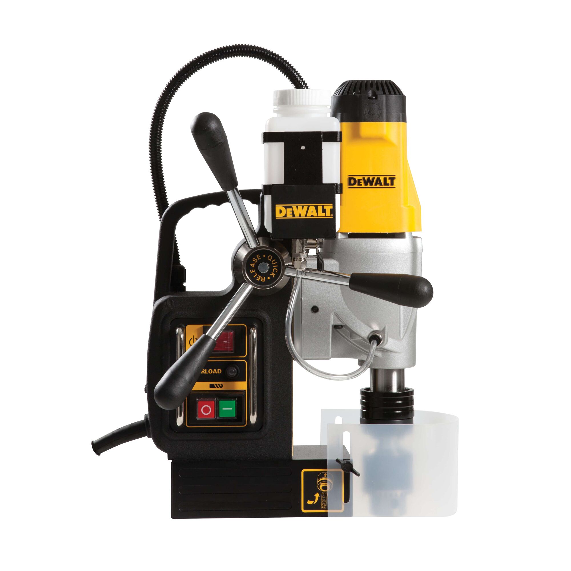 A DEWALT magnetic drill press model DWE1622K, showing its yellow and black body, control buttons, handle, and safety shield, typically used for drilling metal surfaces.
