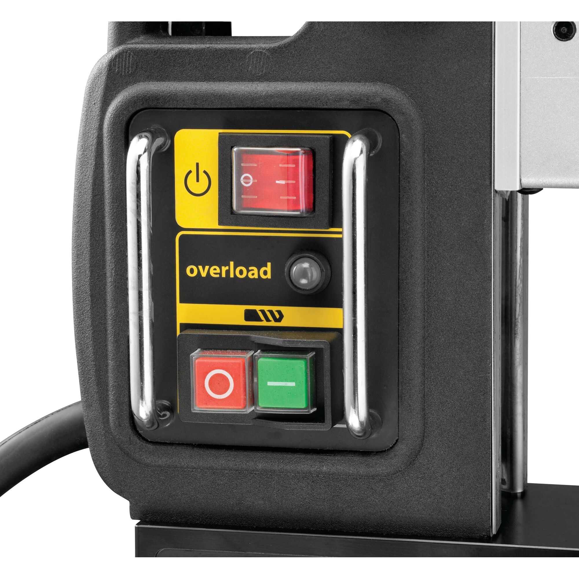 Close-up view of a DEWALT control panel featuring buttons, including a power button, overload indicator, and red and green start/stop switches.