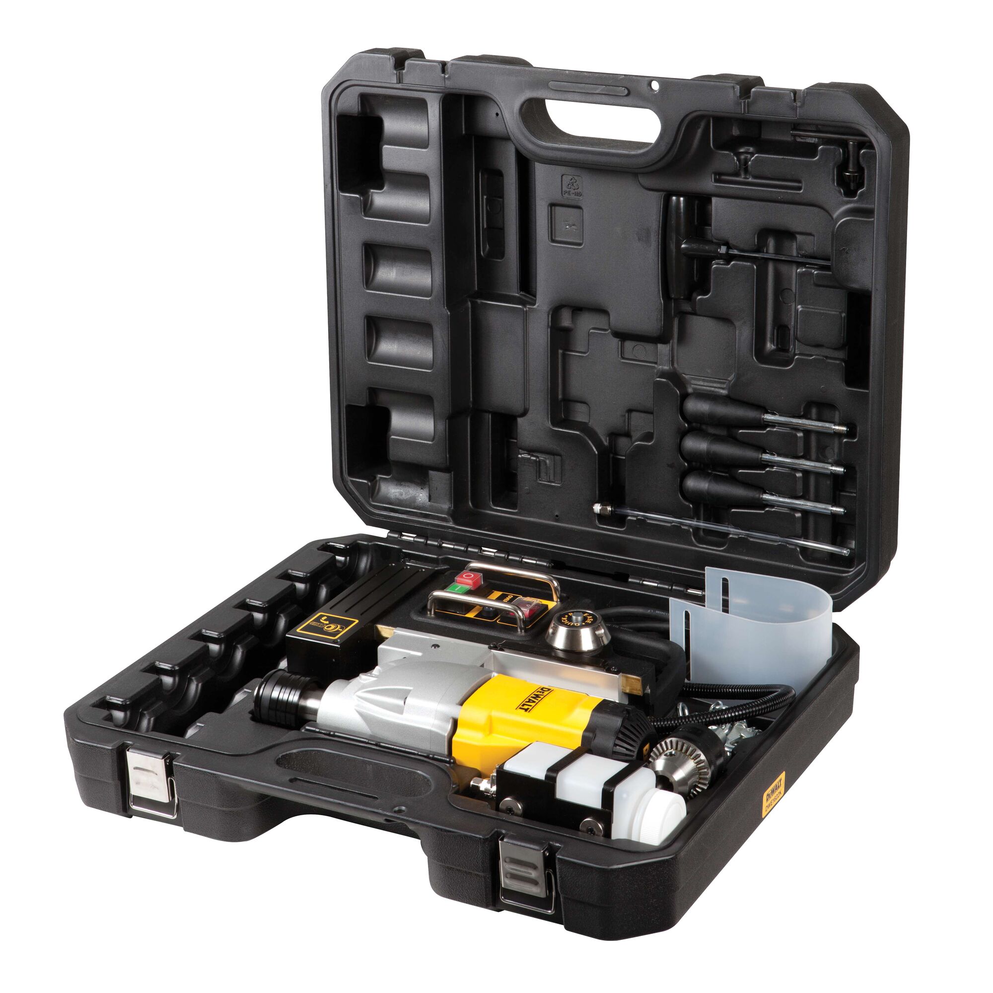 A DEWALT DWE1622K magnetic drill kit inside a black hard carrying case, featuring a yellow and silver drill and various accessories organized in molded slots.