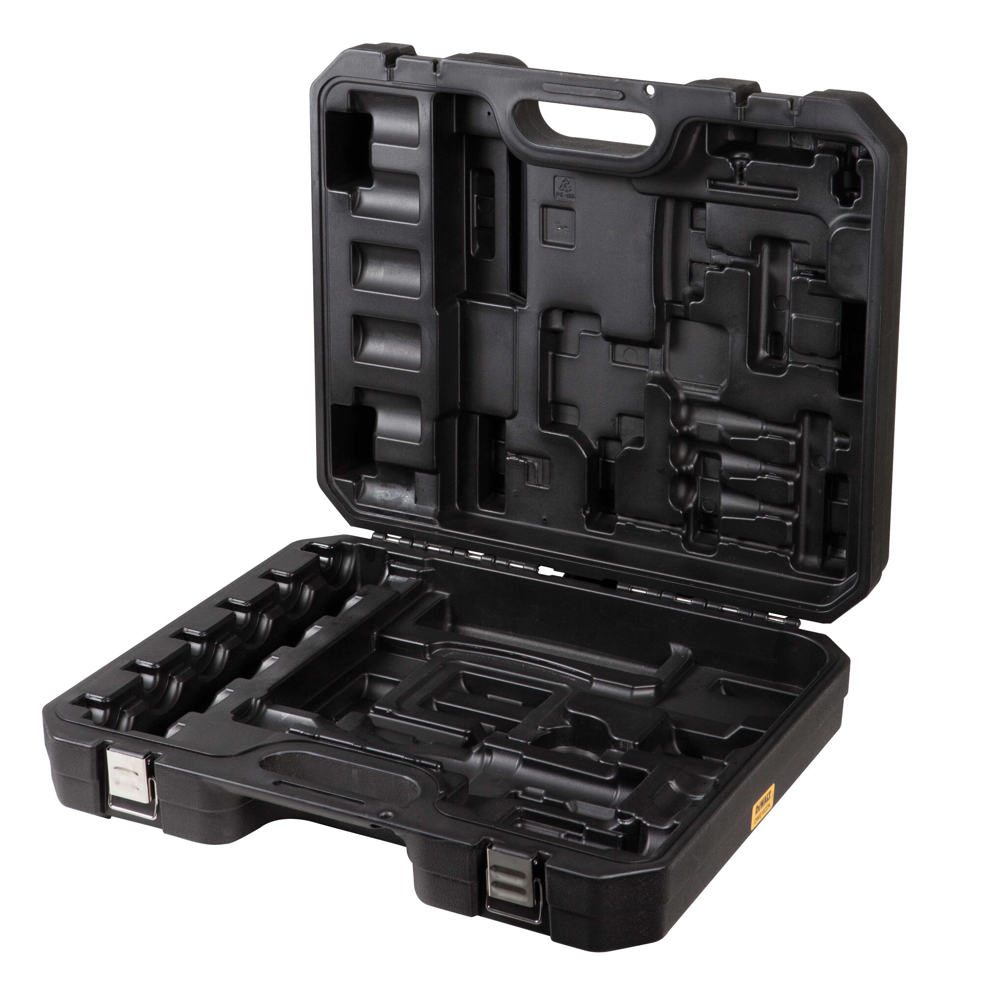 A black hard plastic carrying case with custom-molded compartments inside, designed to hold power tools and accessories. The case is open and empty, showing the interior slots for various items.