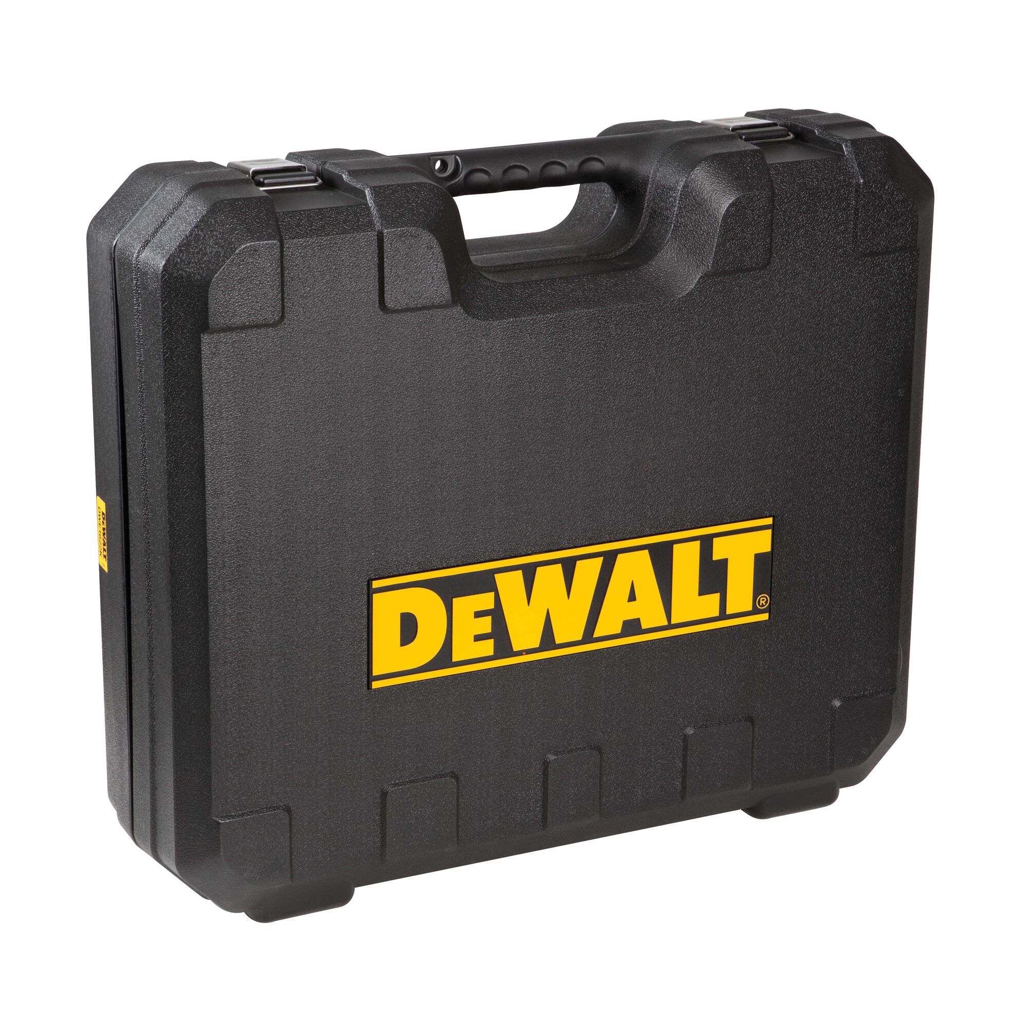 A black hard plastic carrying case with a sturdy handle and two clasps, featuring a yellow DEWALT logo on the front.