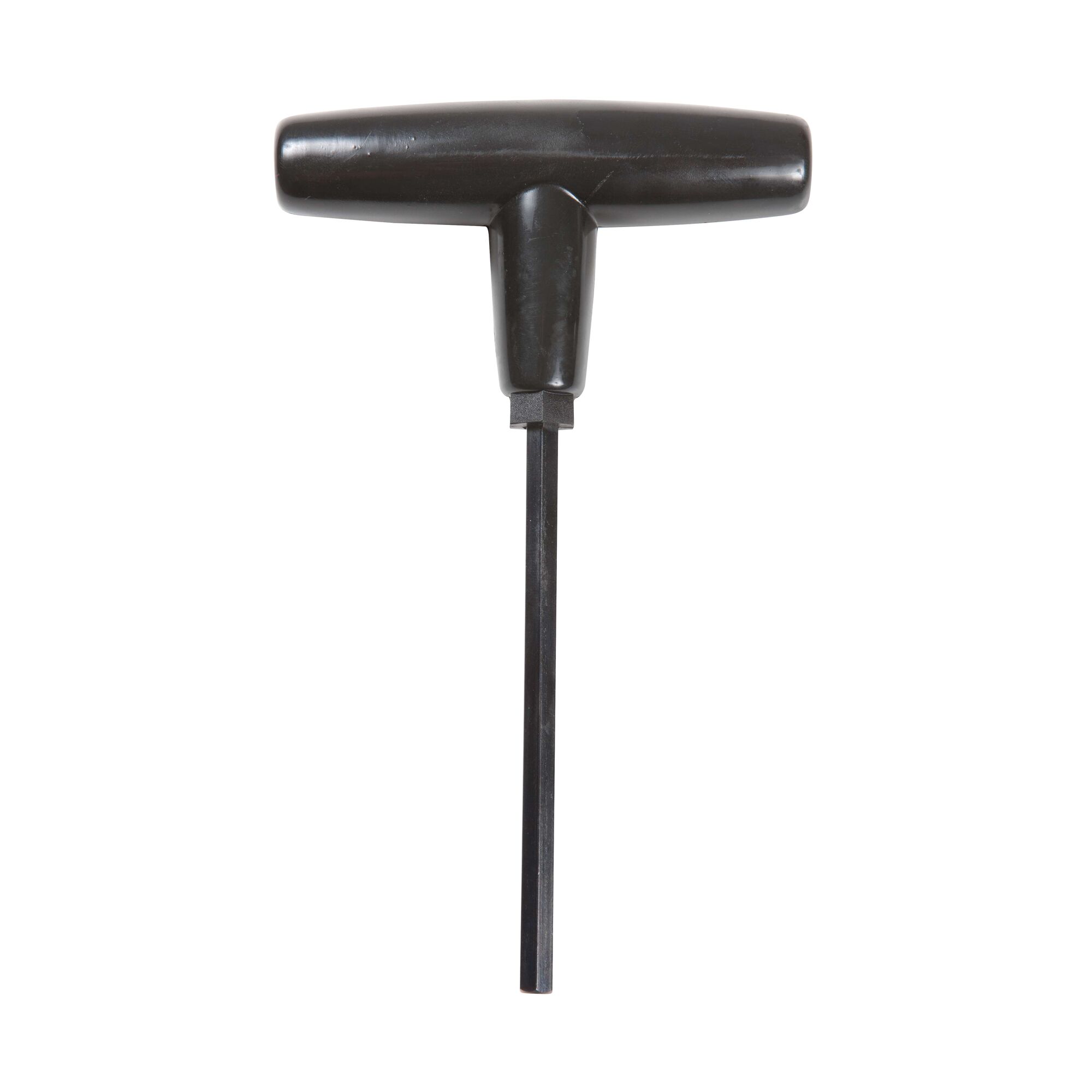 A black T-handle hex key tool with a long, straight shaft, positioned vertically against a white background.