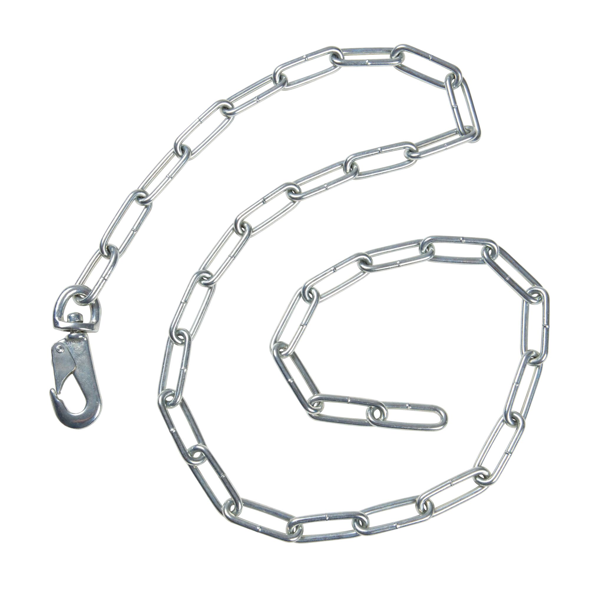 A metal chain with elongated oval links and a clasp at one end, arranged in a spiral on a white background.