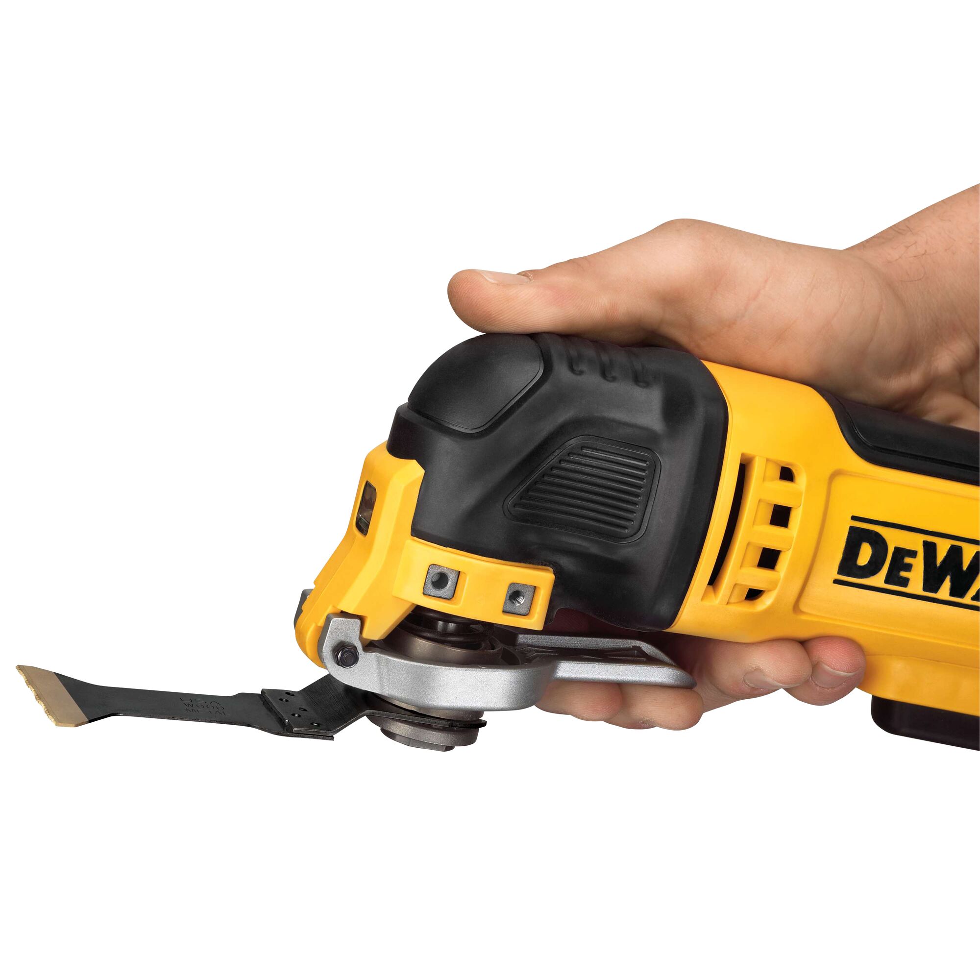 A close-up of a hand holding a DEWALT oscillating multi-tool with a flat blade attachment, model DWE315K, designed for cutting and sanding tasks.