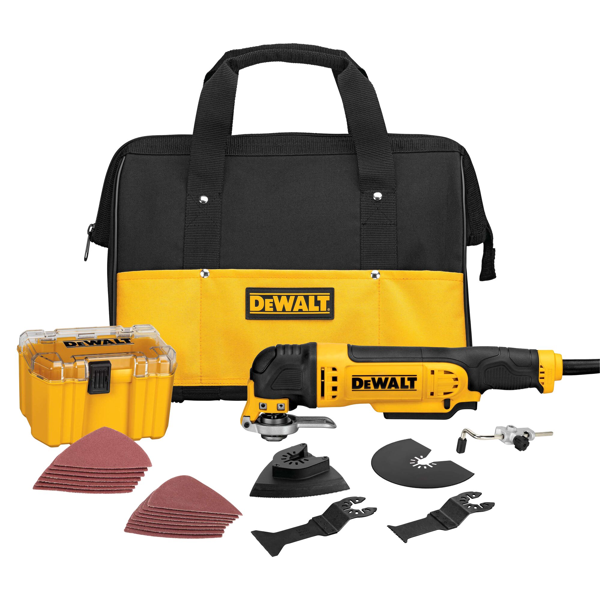 A DEWALT oscillating multi-tool kit, including a yellow and black power tool, a soft carrying bag, a plastic storage case, sanding pads, blades, and accessories arranged in front.