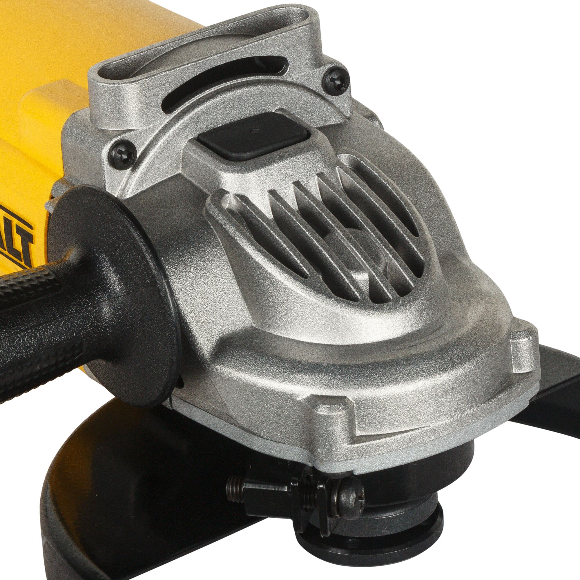 Close-up of a DEWALT DWE493 angle grinder showing the metal gear housing, ventilation slots, and side handle.