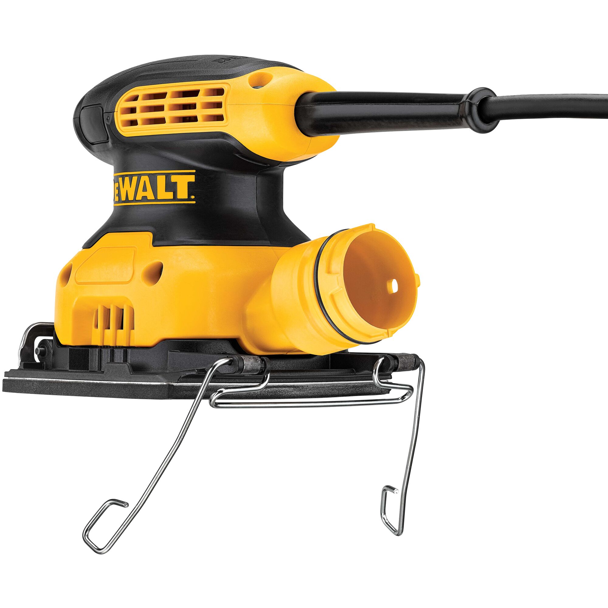 A close-up view of a yellow and black DEWALT electric sander with a cord, designed for sanding surfaces. The tool features a dust extraction port and metal clips for securing sandpaper.