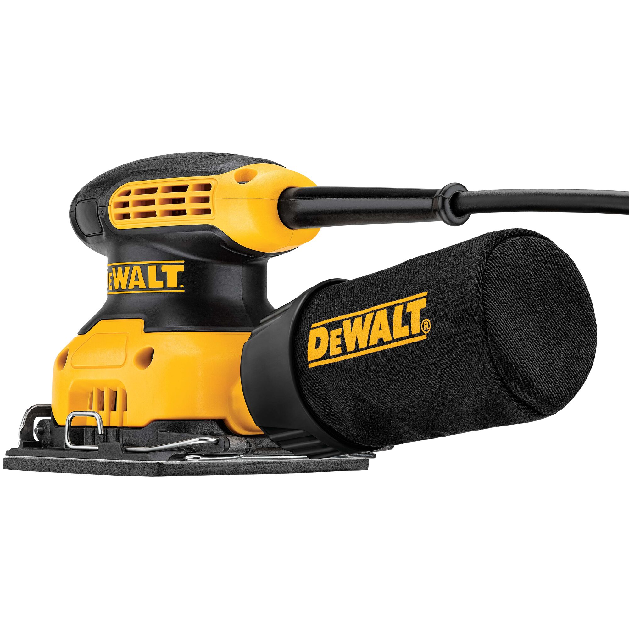 A DEWALT electric palm sander with a dust collection bag, featuring a yellow and black sturdy body and a rectangular sanding pad.