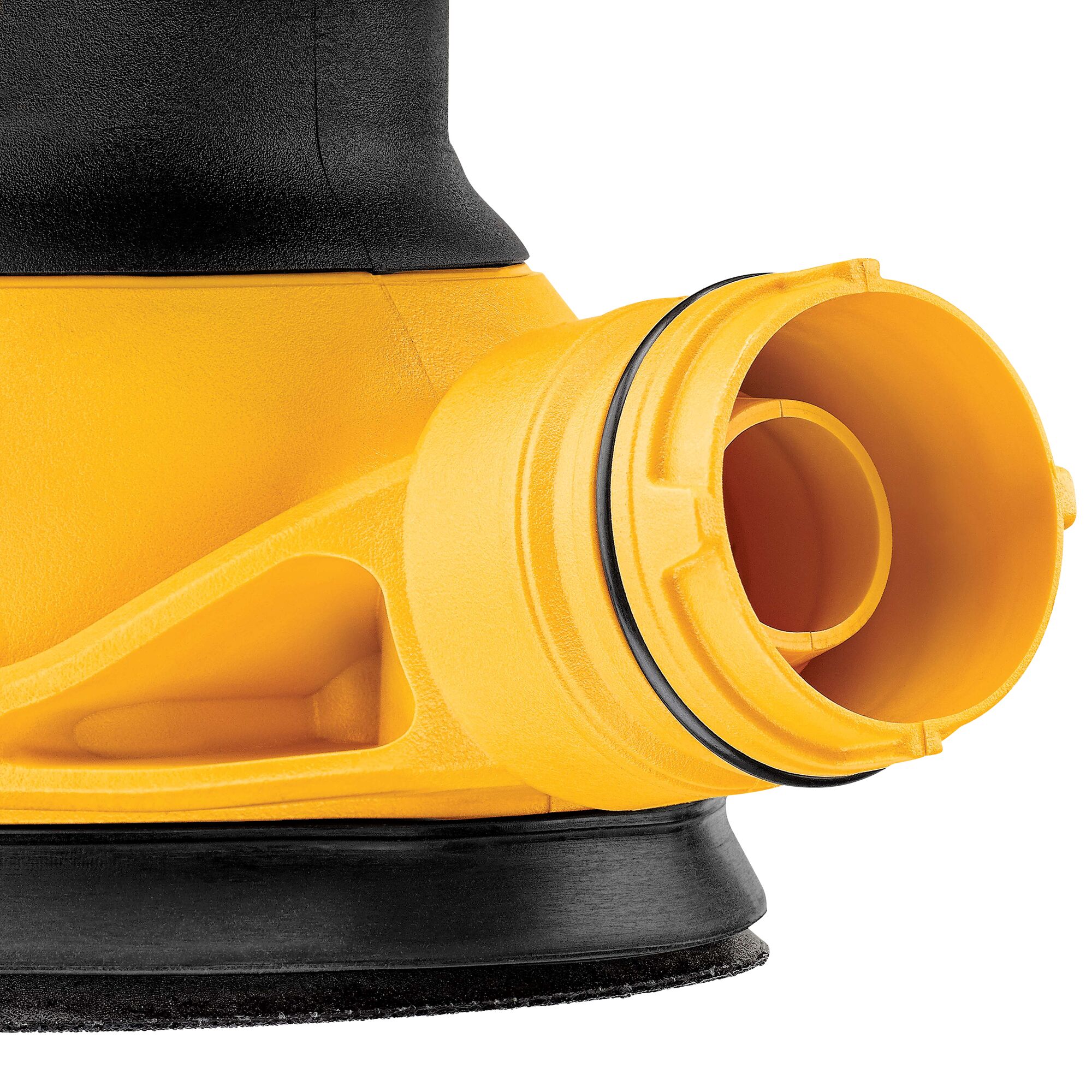 Close-up view of a yellow and black DEWALT power tool showing the dust port and part of the sanding disc.