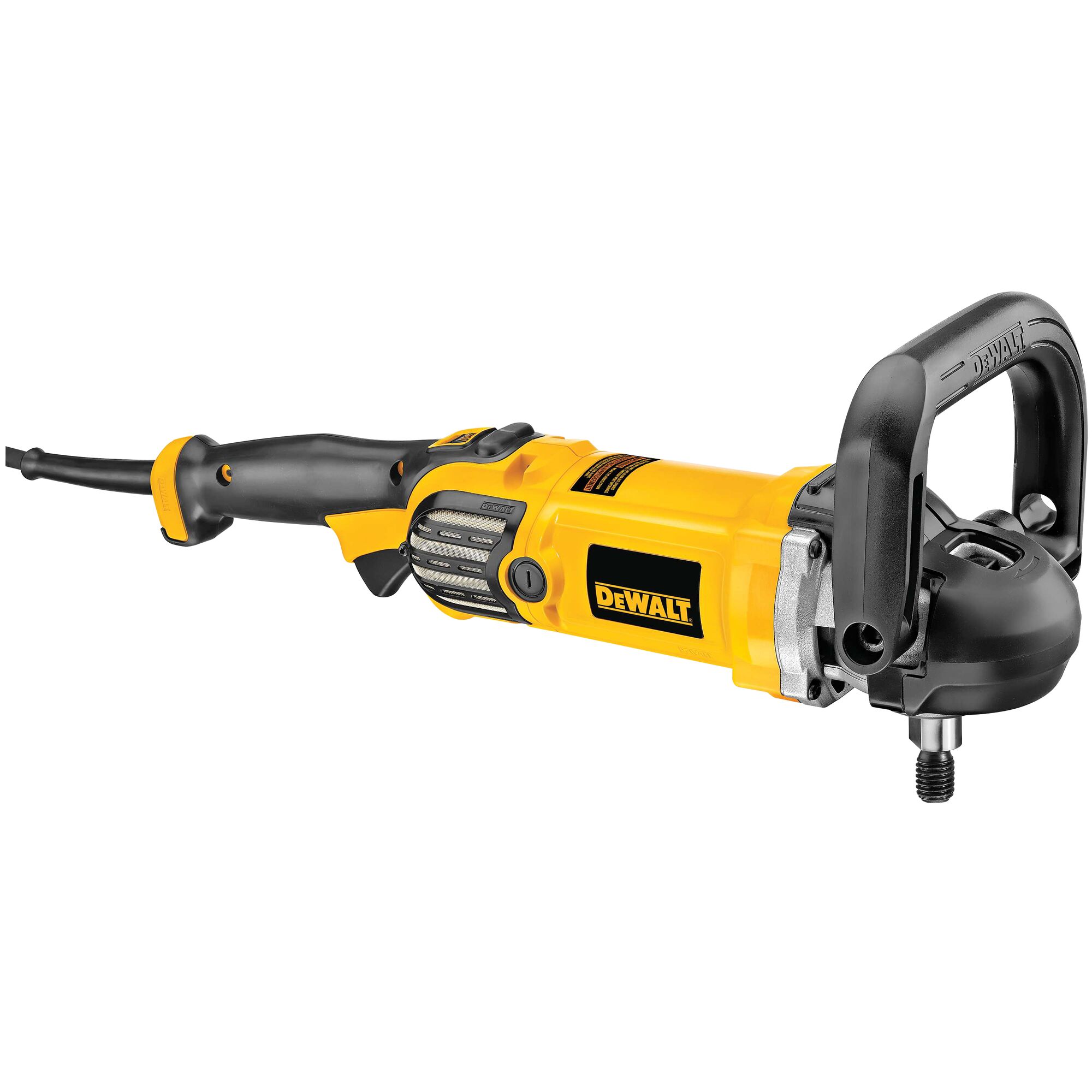 A DEWALT DWP849X variable speed polisher with a yellow and black body, featuring a sturdy side handle, designed for precision polishing tasks.