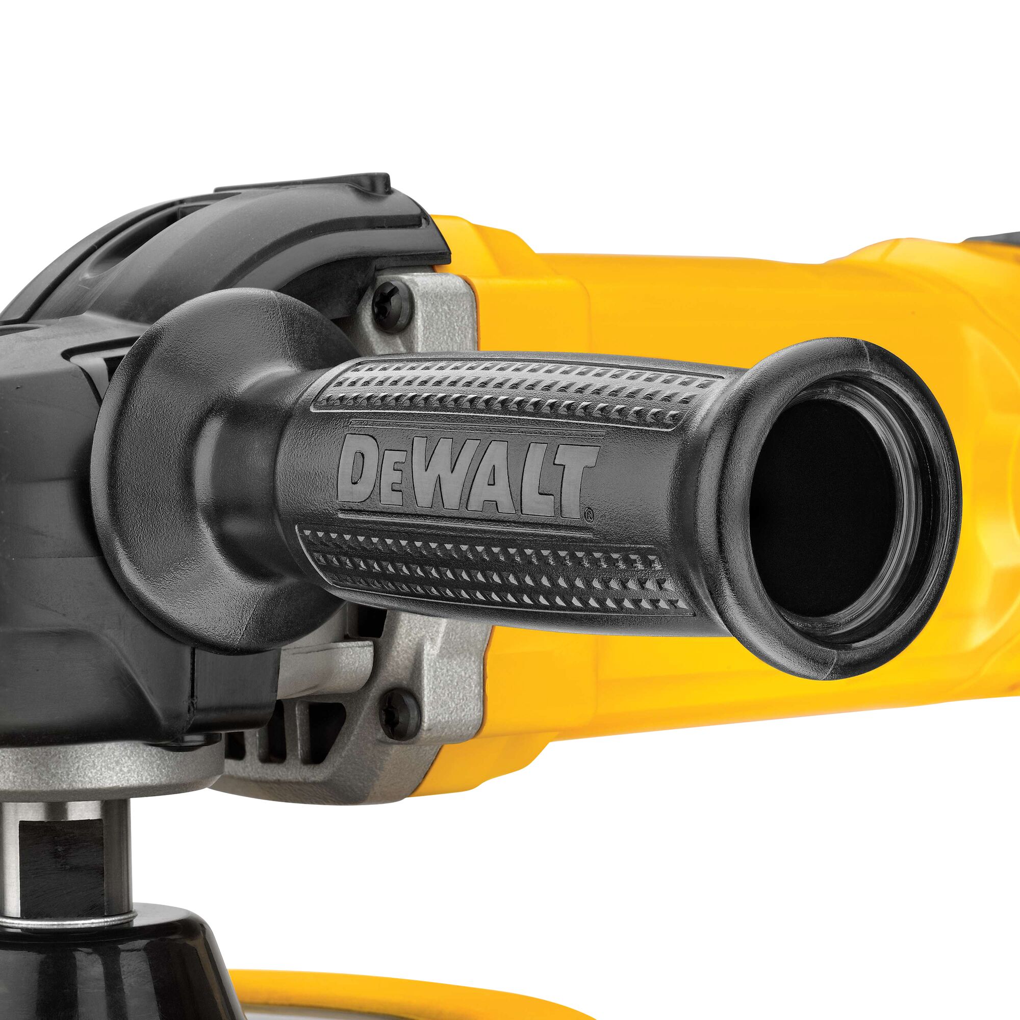 Close-up image of the handle of a DEWALT power tool, showing the black textured grip and part of the yellow body.