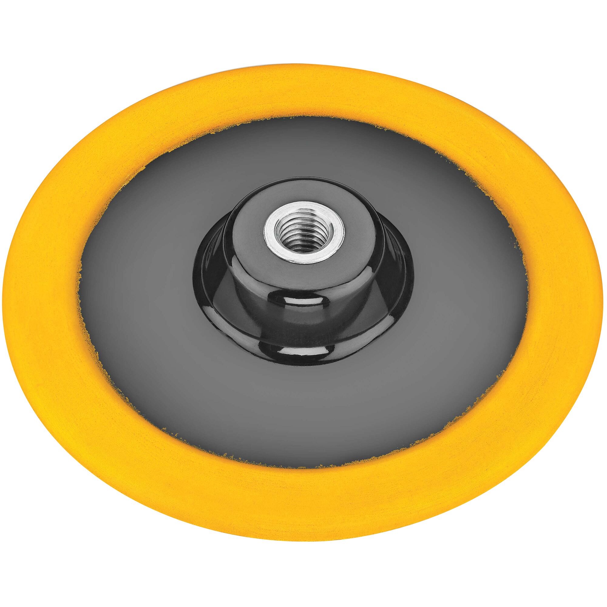 A DEWALT polishing pad accessory with a black center and a yellow outer ring, designed for use with rotary polishers.