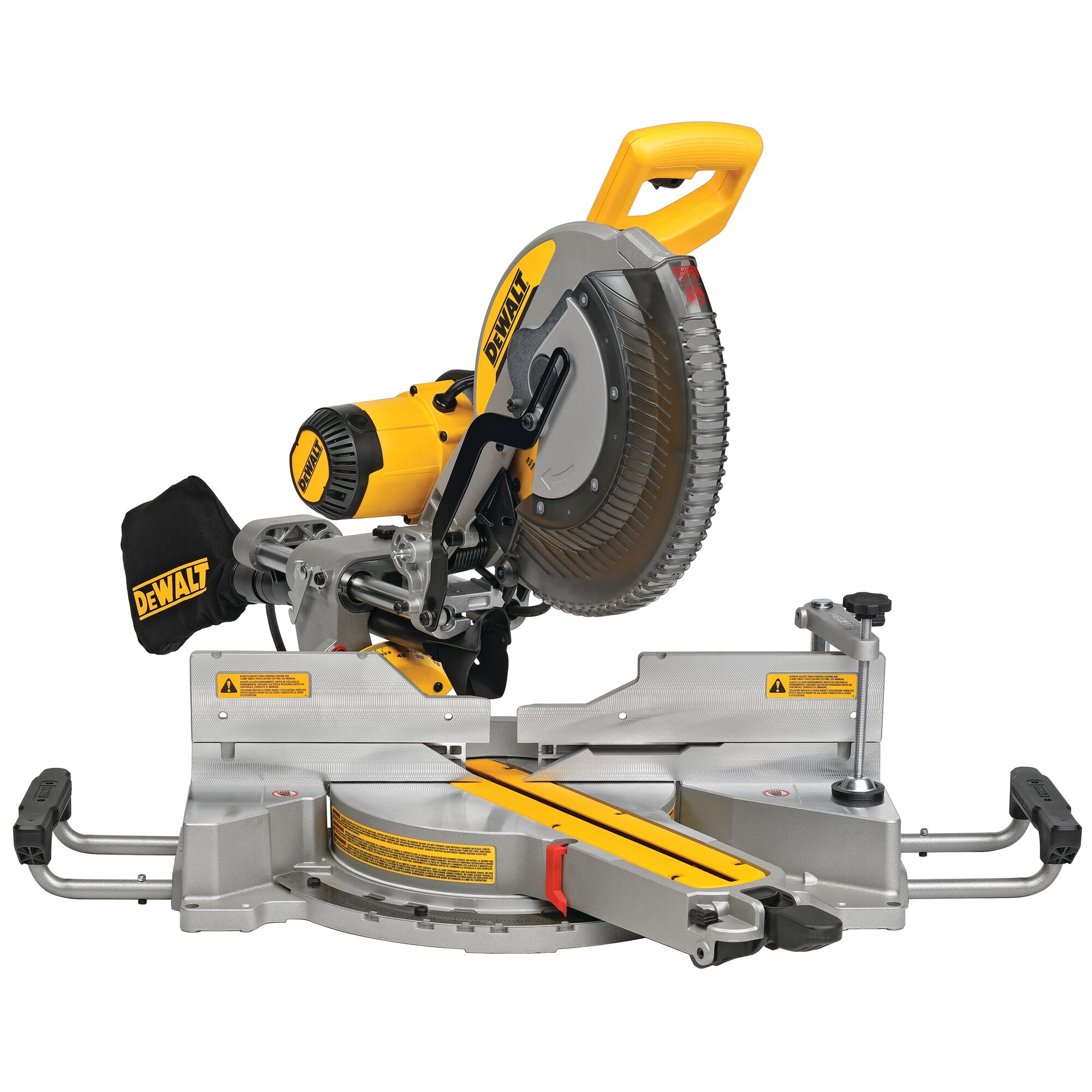 A DEWALT DWS780 sliding compound miter saw with a yellow and black design, featuring a circular blade, dust collection bag, and adjustable fence on a metal base.