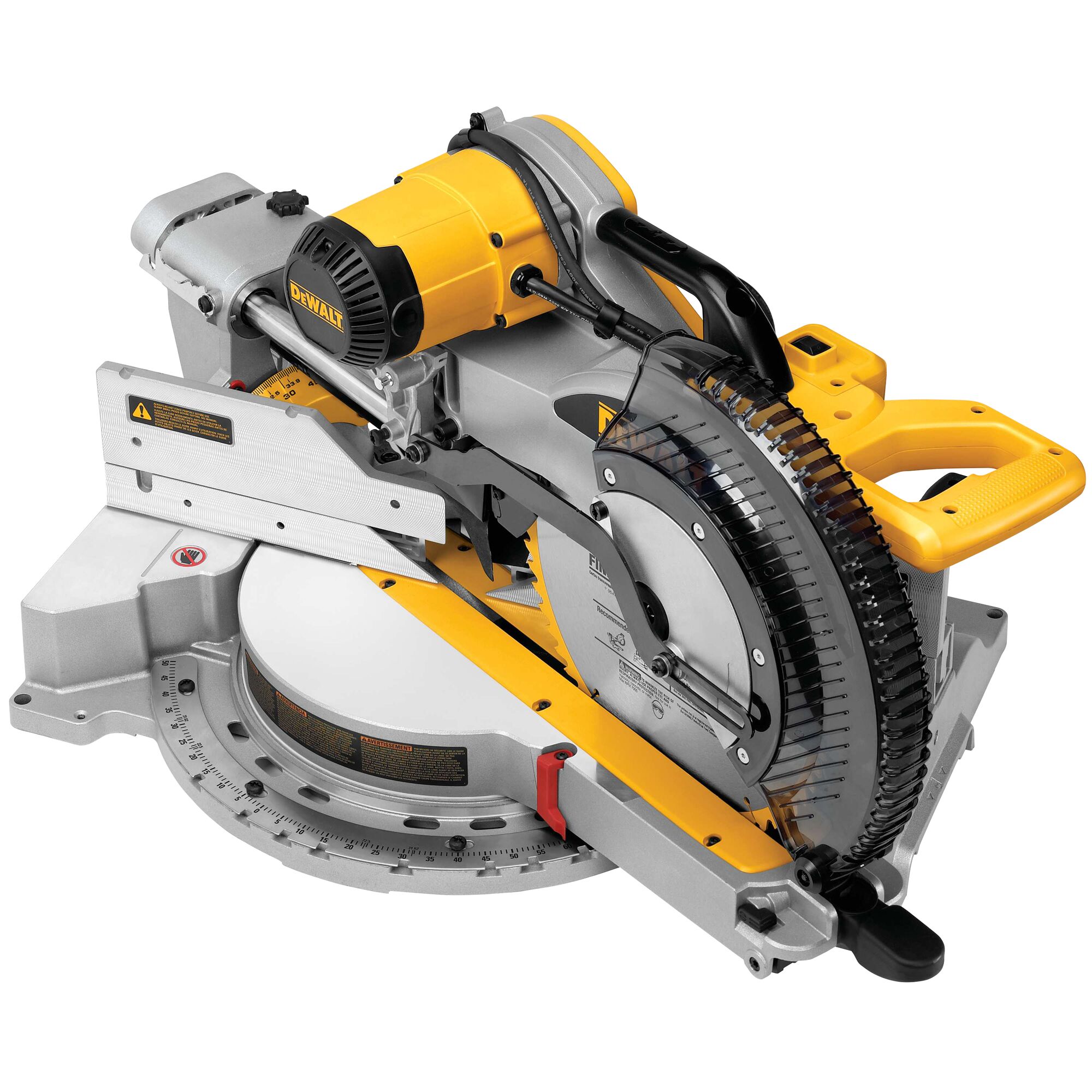 A DEWALT DWS780 miter saw with a yellow and silver design, featuring a circular blade, adjustable angle base, and ergonomic handle. The tool is used for making precise angled cuts in woodworking.